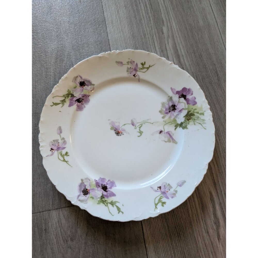 Vintage Floral Porcelain Plate Purple & Green Flower Design 10" Diameter Scallop